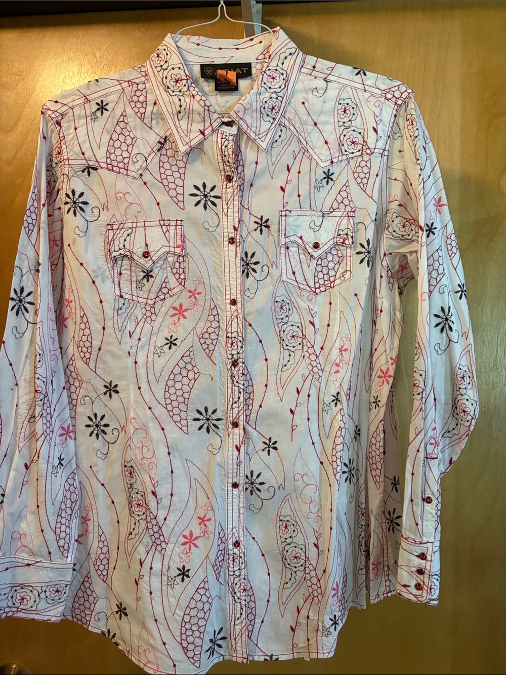 Ariat White Shirt with Red and Brown Embroidery; Size XXL